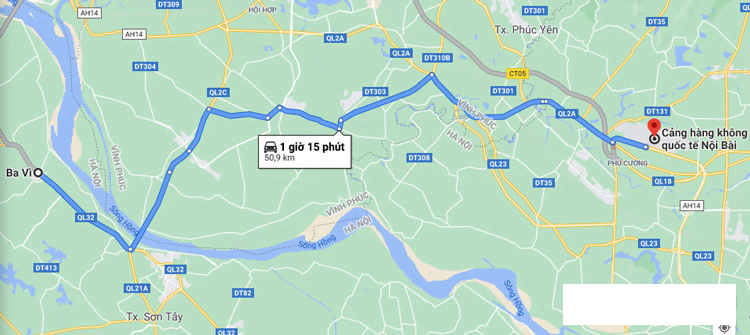 Sân bay Nội Bài cách huyện Ba Vì khoảng 50km