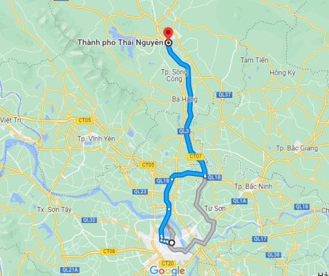 Quãng đường, đi taxi từ Hà Nội đên Thái Nguyên bao nhiêu km, thời gian