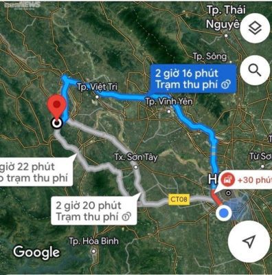 Hành trình từ Hà Nội đi Phú Thọ theo chỉ dẫn của Google Map.