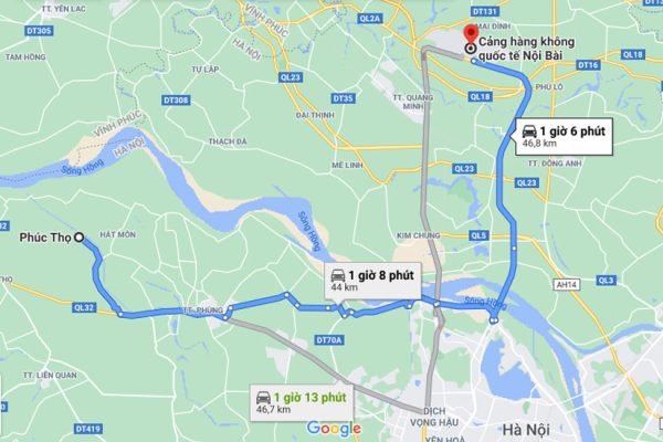 Quãng đường đi taxi nội bài Phúc Thọ là 44km thời gian 1 giờ 15 phút