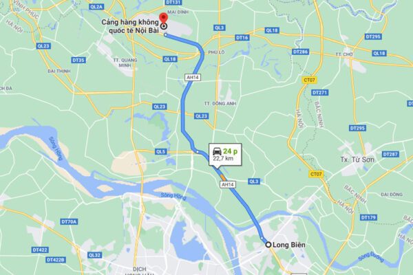 Lộ trình đi taxi Nội Bài Long Biên khoảng cách 26km đi mất 40 phút