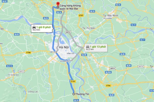 Quãng đường đi từ sân bay Nội Bài về Thường Tín là 63km, thời gian 1 giờ 10 phút