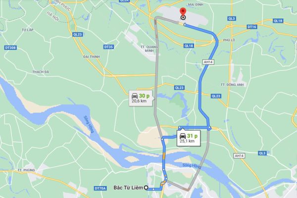 Quãng đường Từ sân bay Nội Bài đến Bắc Từ Liêm cách nhau khoảng [25 km].