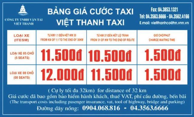 Bảng giá cước Taxi Việt Thanh sân bay nội bài, đi phố