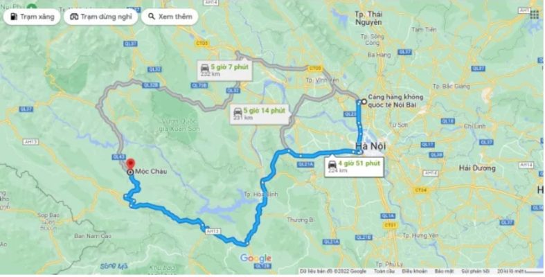 Quãng đường và thời gian đi từ sân bay Nội Bài đến Mộc Châu là 230km ? thời gian 4 giờ 51 phút